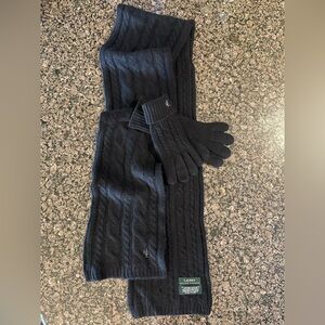 Ralph Lauren Black Cable Knit Scarf and Gloves Set